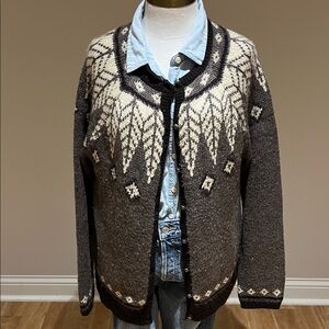 J. Jill brown and cream wool blend fair isle button front cardigan size L